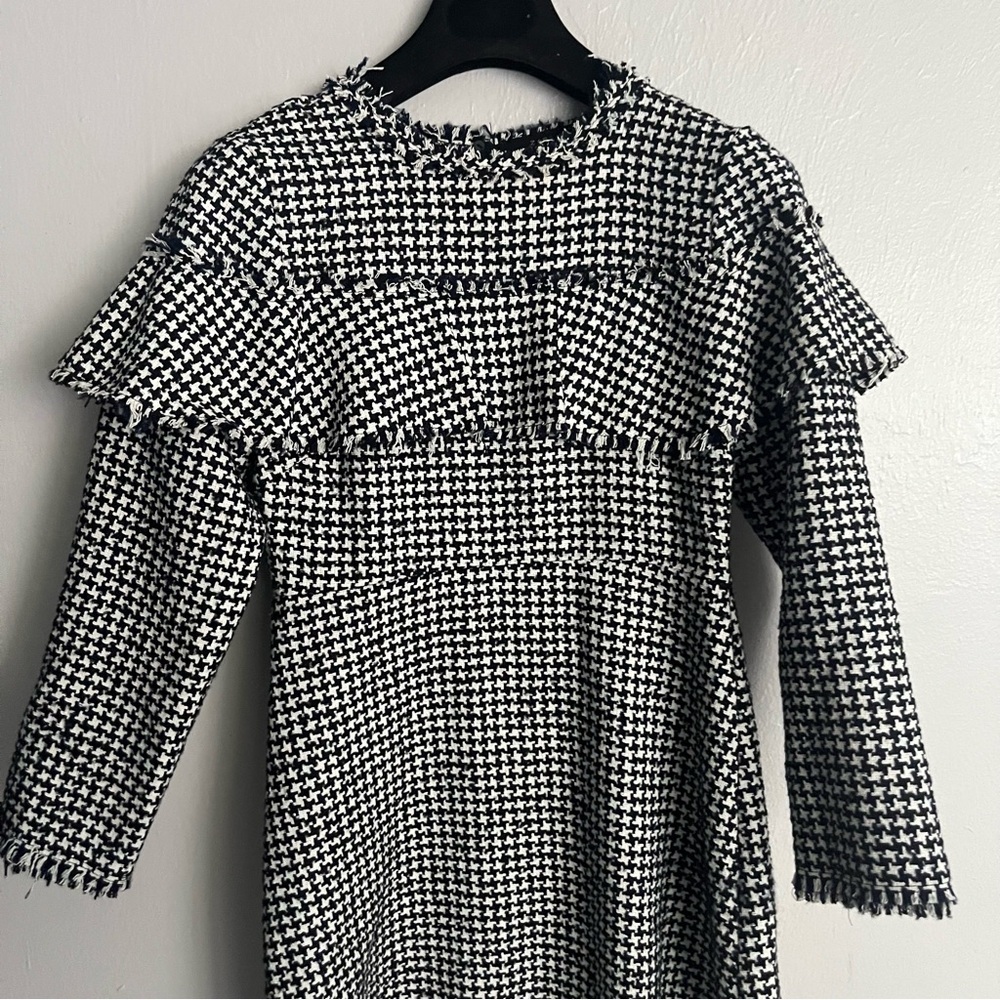 Zara Ruffle Top Tweed Classic Houndstooth Flare Dress XS - Picture 11 of 14